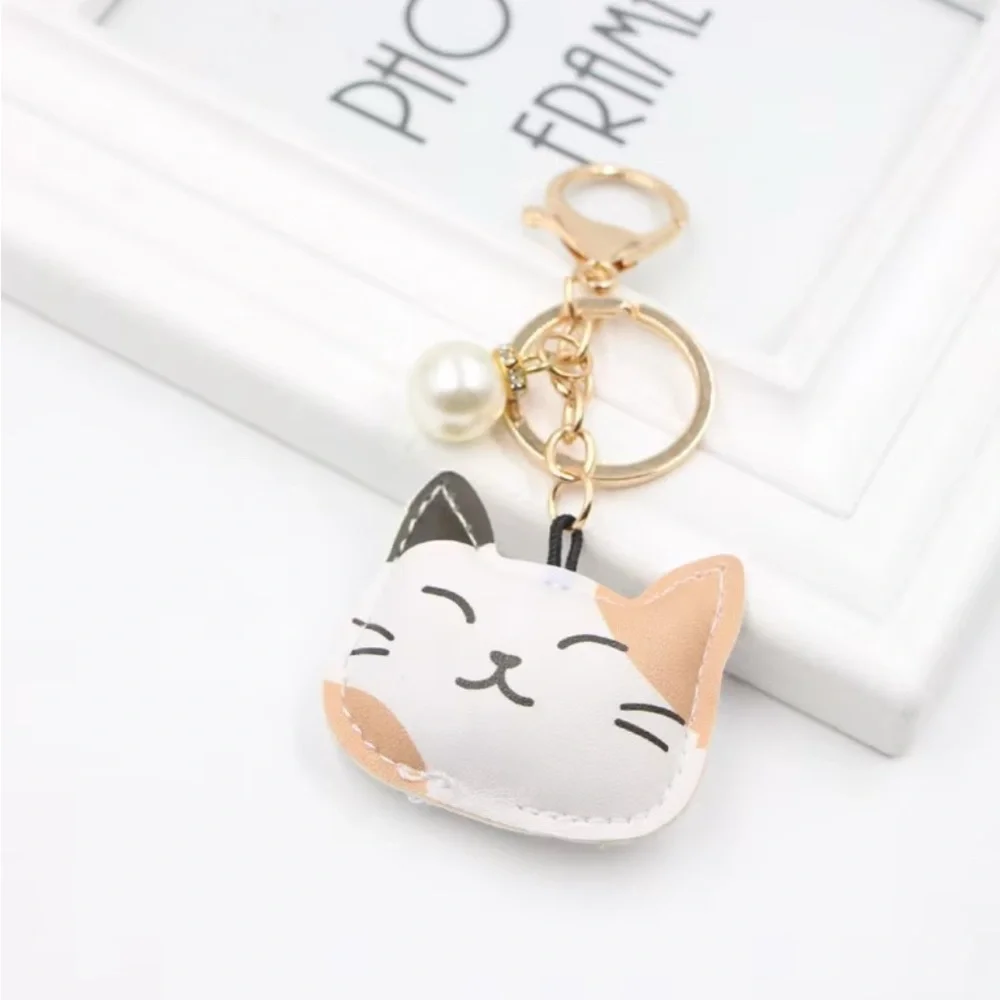 Adorable Cat Face Bag Charm Keychain Faux Leather Kitty Purse Charm